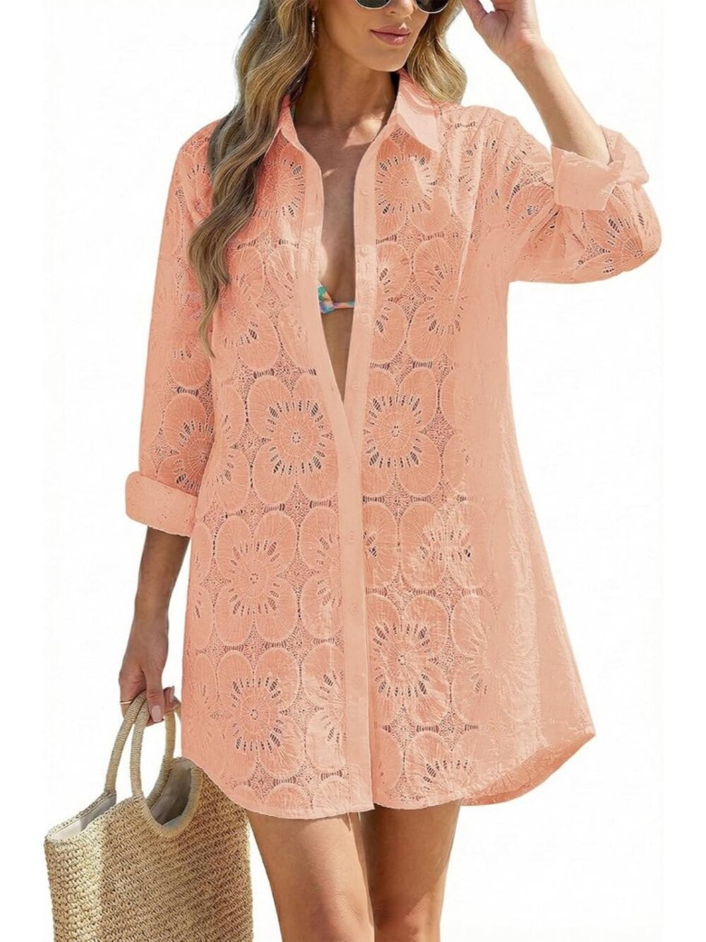 Women's Light Pink Cotton CoverUp Button Down Shirt Long Sleeve Swimsuit CoverUp